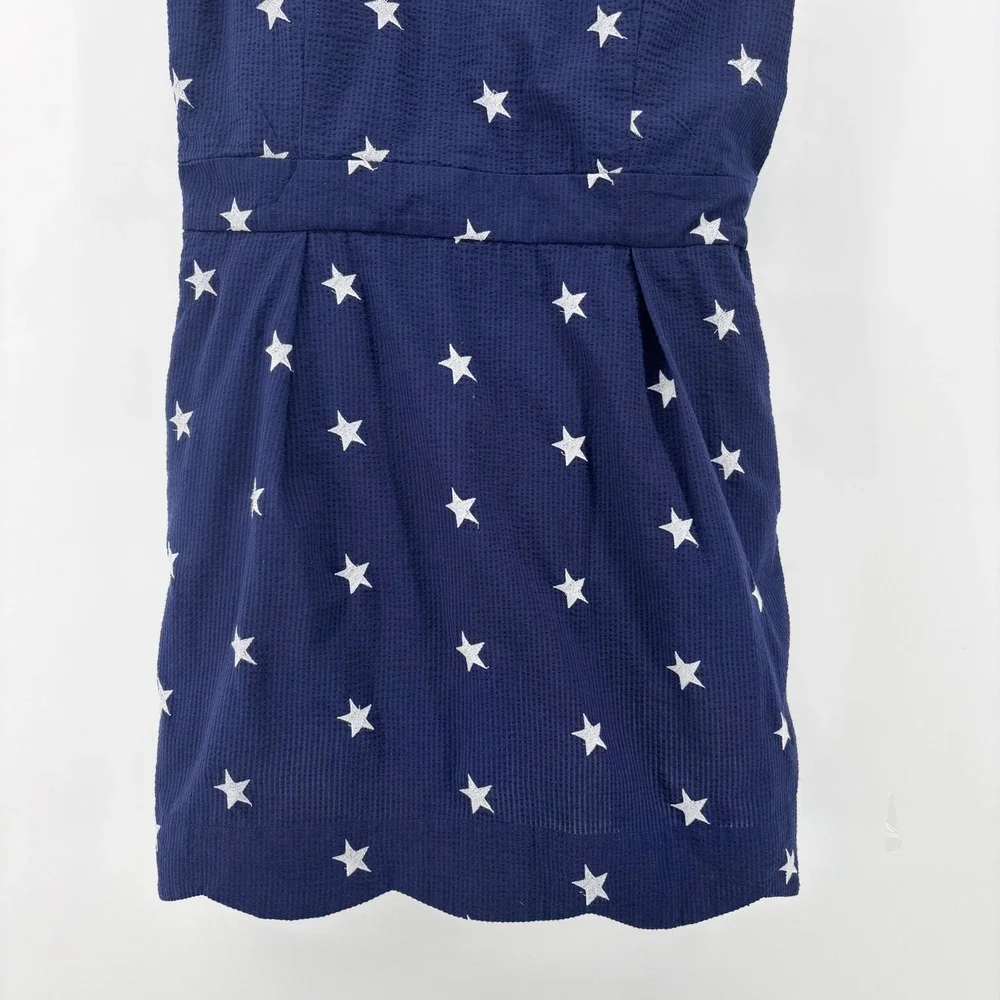 Lauren‎ James Navy Blue Seersucker Star Embroidered Scalloped Mini Dress Halter